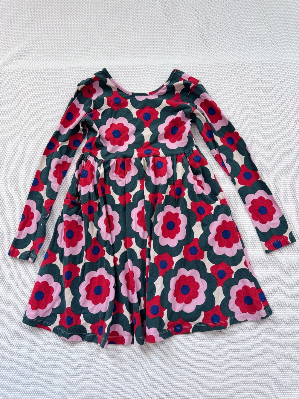 Hannah Anderson Girls Long Sleeve Floral Swing Dress Pink & Green Retro Flowers
